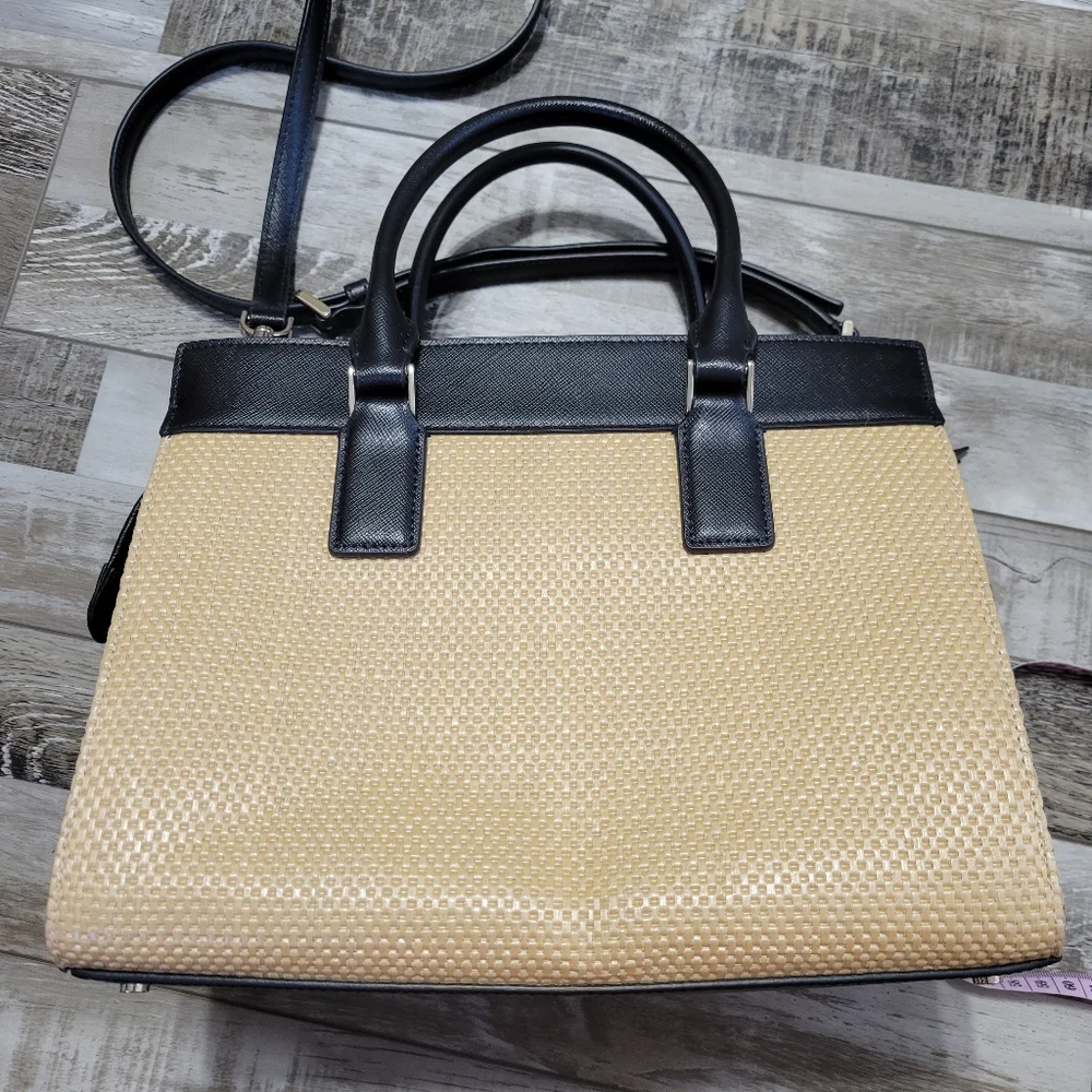 Kate Spade Cameron Black Leather and Woven Straw Medium Satchel